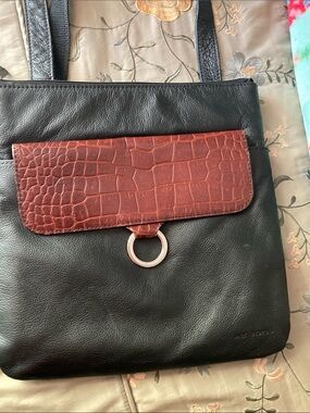 Black Leather Shoulder Bag with Croc-Embossed Brown Flap